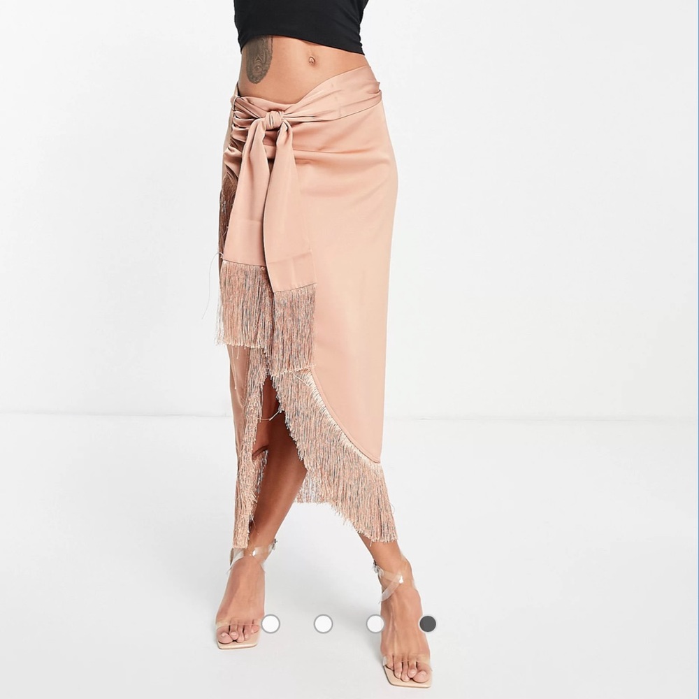 Rare London coordinating wrap midi skirt with fringe in camel